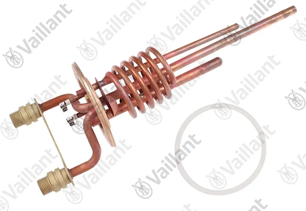 Kupferwärmetauscher von Vaillant mit einer spiralförmigen Spirale und Anschlussstücken. Er dient zur Wärmeübertragung in Heizsystemen.